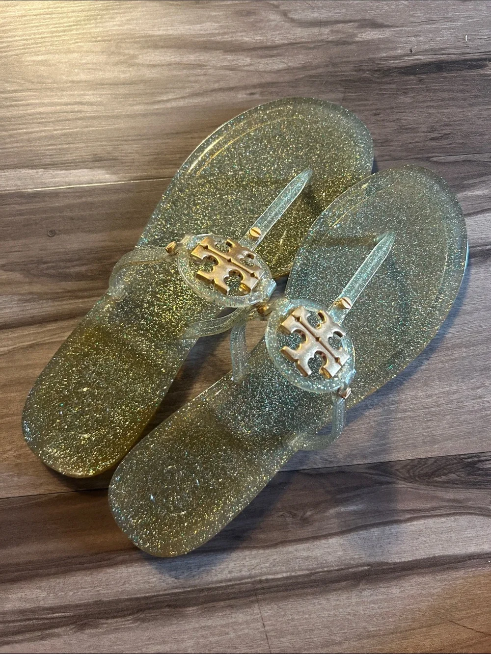Tory Burch Metallic Gold Logo T-Strap Sandals